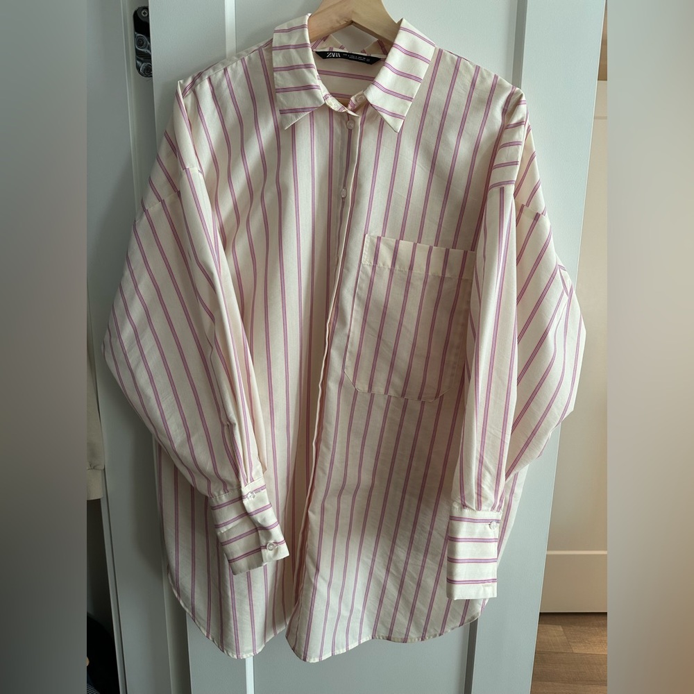 Zara Cream and Pink Striped Button-Down Shirt - Picture 2 of 5